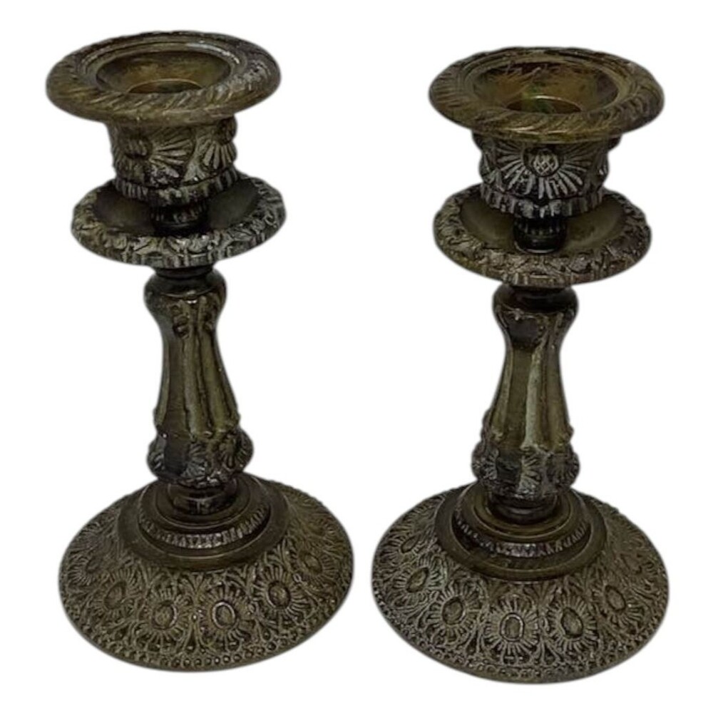 Cast Iron Ornate Candle Holders Taper Vtg Antique Heavy Pair 2 India Metal 8"